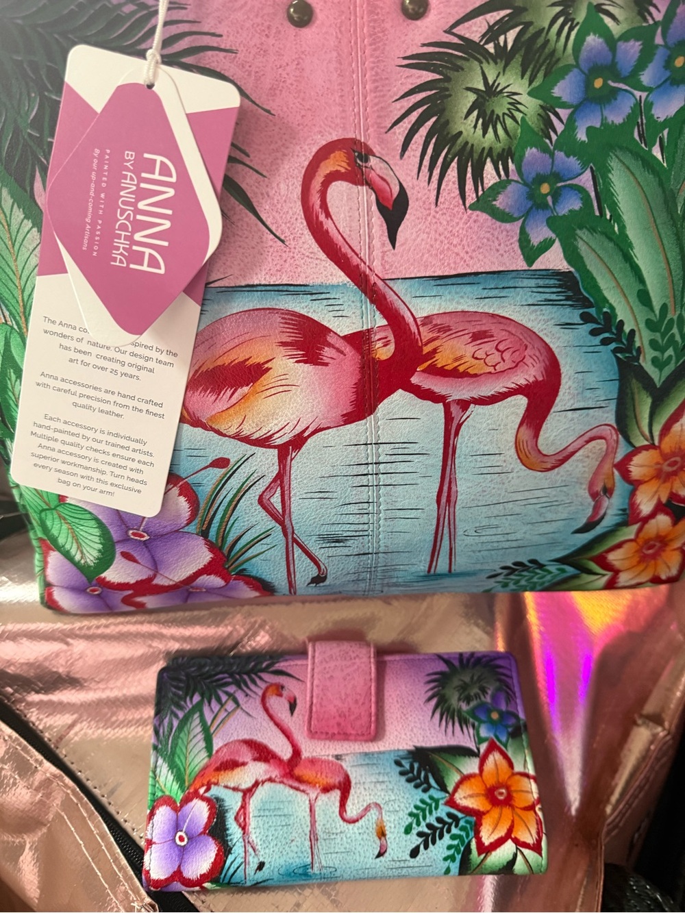 Anna Pink and Aqua Flamingo Wallet and Card Case Set